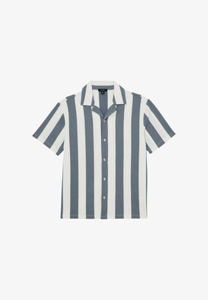 Kortærmet skjorte med knapper, brede lodrette grå og hvide striber og en lejrcollar.
