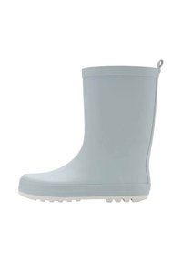 Svetlo modra gumijasta škornja za dež z gladko površino, okroglo prst in belo podplat. Ima zanko za enostavno obuvanje.