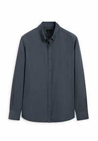 Camicia a maniche lunghe grigio scuro, con bottoni, realizzata in tessuto morbido. Presenta un colletto classico, una chiusura con bottoni completa e polsini standard.