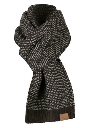Knitted scarf in dark brown with light gray pattern, ribbed ends, and a small leather label accent on one side. Soft texture.