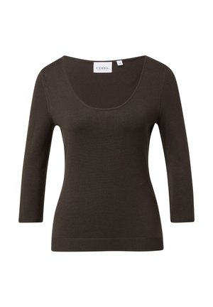 Donkerbruin top met lange mouwen en een ronde halslijn. Gemaakt van een zachte, geribbelde stof met een aansluitend ontwerp en een afgewerkte onderkant.