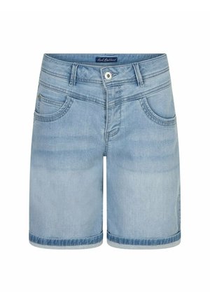 Lichtblauwe denim shorts met knopen aan de voorkant, riemlussen en twee voorzakken, omgeslagen zoomdetail.