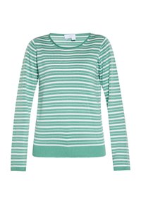 Pulover lung cu maneci lungi în dungi verzi și albe, cu decolteu rotund și tiv cu nervuri. Material tricotat moale, design ușor, croi casual.