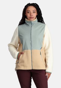 Fleecejacke mit einem hellgrünen Oberteil, cremefarbigem Unterteil und beigen Akzenten; verfügt über einen hohen Kragen, einen Reißverschluss vorne und Seitentaschen.