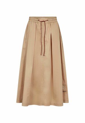 Beige knee-length skirt with elastic waistband, brown drawstring, front pleats, and small embroidered logo near hem on right side.