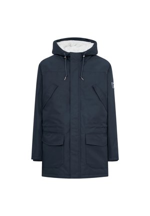Marineblauer Parka mit Kapuze, ausgestattet mit einem Kunstfellfutter, zwei Fronttaschen und einem leicht abgerundeten Saum. Verstellbare Kordeln an der Kapuze.