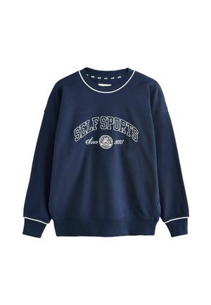 Marineblauer Sweatshirt mit Rundhalsausschnitt, weißen Paspeln am Kragen und den Bündchen sowie weißem Text "SELF SPORTS Since 2023" auf der Brust.