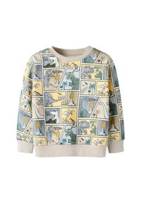 Genser med tegneseriestil dinosaurtrykk i pastellfarger. Materialet er mykt med ribbet halslinning. Designet inkluderer lekne snakkebobler.