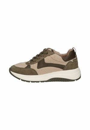Sneakers with olive green suede and beige faux fur panels, featuring thick white midsole and lace-up design. Smooth texture and sporty shape.