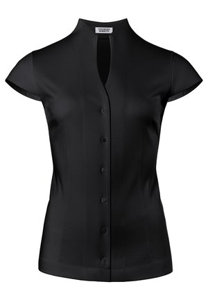 Blusa negra de manga corta con cuello alto, cierre frontal con botones y cintura entallada, marca Vincenzo Boretti.