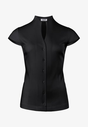Blusa negra de manga corta con cuello alto, cierre frontal con botones y cintura entallada, marca Vincenzo Boretti.