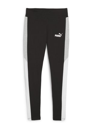 Leggings de licra negros con paneles laterales en gris claro y blanco. Presentan una cinturilla ancha y un logo de Puma en blanco en el muslo izquierdo.