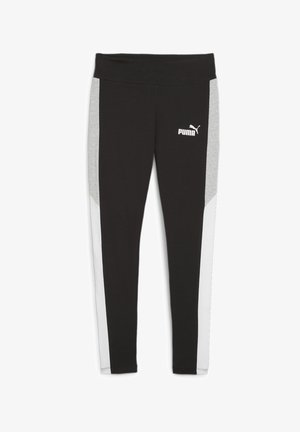 Leggings de licra negros con paneles laterales en gris claro y blanco. Presentan una cinturilla ancha y un logo de Puma en blanco en el muslo izquierdo.