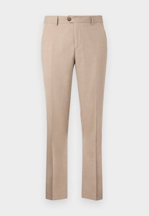 Beige trousers made from a lightweight fabric, feature a straight cut, single button closure, and two front pockets.