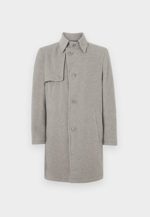 Grau melierter Wollmischmantel mit Kragen, Knopfverschluss und einer aufgesetzten Tasche auf der linken Seite. Lange Ärmel mit gerader Silhouette.