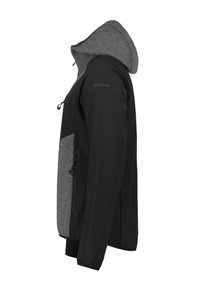 Giacca nera con cappuccio in pile grigio, pannello laterale testurizzato, tasche con zip e orlo regolabile. Il materiale è liscio con texture a contrasto.