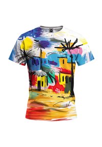 Kurzarm-T-Shirt mit einem lebhaften, abstrakten Landschaftsdesign in kräftigen Farben, Palmen und stilisierten Häusern. Glatte Stofftextur.