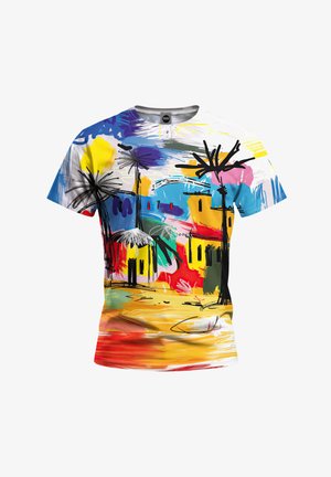 T-shirt z krótkim rękawem z żywym, abstrakcyjnym wzorem krajobrazu w odważnych kolorach, z palmami i stylizowanymi domami. Gładka tekstura materiału.
