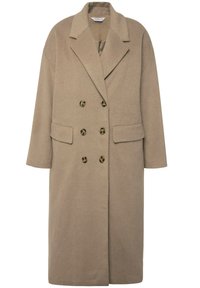 Abrigo de mezcla de lana color beige, diseño de doble botón con dos bolsillos con solapa, cuello ancho y grandes botones marrones, con una textura suave.