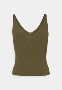 Débardeur en maille vert olive sans manches avec un col en V profond et une texture côtelée, présenté sur un fond blanc.
