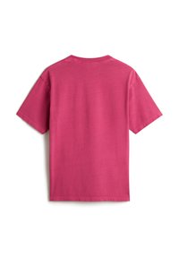 Rosa Baumwoll-T-Shirt mit kurzen Ärmeln und Rundhalsausschnitt; einfarbig, glatte Textur, keine sichtbaren Muster oder Akzente.