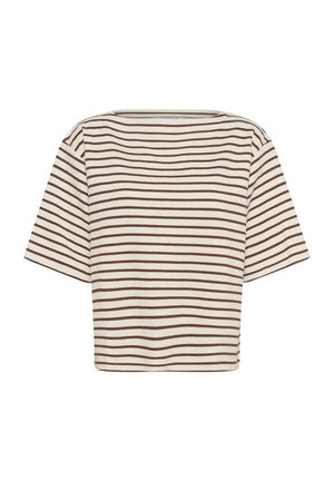 Béžové a hnedé pruhované krátke tričko s krátkym rukávom, širokým výstrihom na lodičku a voľným strihom.