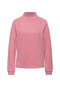 Rosa, weichtexturierter Pullover mit Stehkragen und Raglanärmeln. Besitzt ein dezentes Melange-Muster und eng anliegende Bündchen.