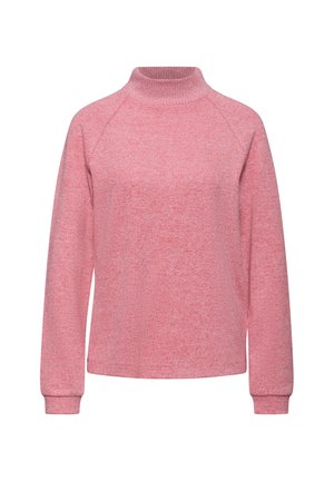 Roze, zacht geweven pullover trui met een hoge hals en raglanmouwen. Bevat een subtiel heatherpatroon en aansluitende manchetten.