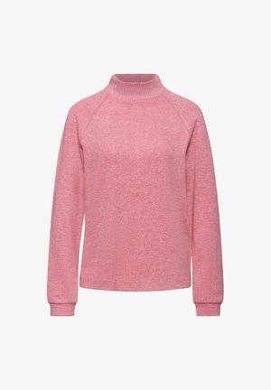 Roze, zacht geweven pullover trui met een hoge hals en raglanmouwen. Bevat een subtiel heatherpatroon en aansluitende manchetten.