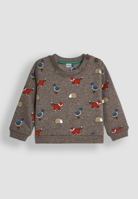 Grauer Pullover mit Mustern von einem roten Fuchs, einer blauen Ente und einem Igel. Lange Ärmel, runder Ausschnitt und Schulterknöpfe für ein einfaches An- und Ausziehen.