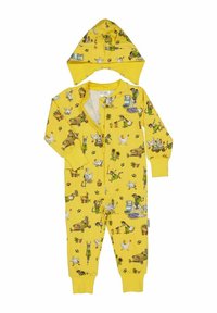 Keltainen kangaspuku, jossa on farmiteemaisia kuvastoja; siinä on pitkät hihat, etuvetoketju ja yhteensopiva huppu, jossa on nepparit.