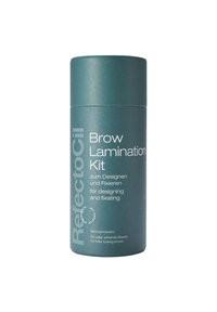 Brow-Laminierungskit in grüner zylindrischer Verpackung mit weißem Text; enthält Anweisungen auf Deutsch und Englisch; semi-permanente Anwendung.