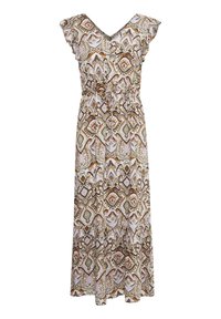 Robe longue et à motifs, avec un décolleté en V, des manches courtes et une taille cintrée dans des tons terreux de brun, vert et crème.