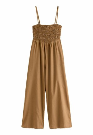 Bruine, smockstrap jumpsuit met brede pijpen en lichtgewicht stof. Heeft dunne verstelbare schouderbanden en een vloeiende silhoeet.