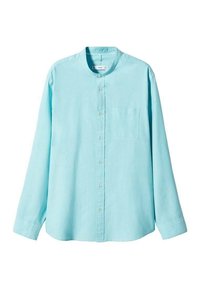 Hellblaues Hemd mit Knöpfen, langen Ärmeln, rundem Kragen und Brusttasche. Hergestellt aus einem weichen, strukturierten Stoff.