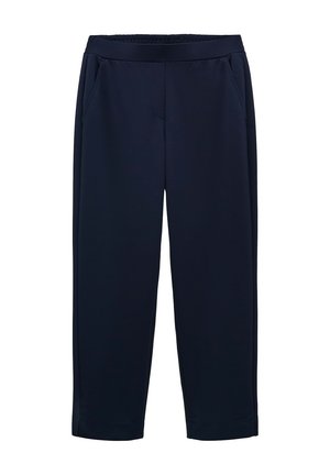 Navy blue jogger pants in soft, textured fabric. Features an elastic waistband, two side pockets, and tapered legs with cuffs.