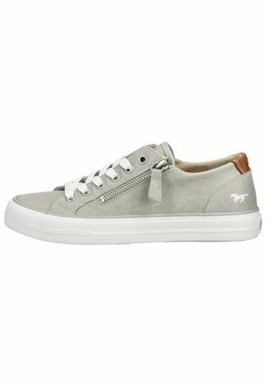 Light gray low-top sneaker with white laces, side zipper, white sole, brown heel tab, and small horse logo near heel.