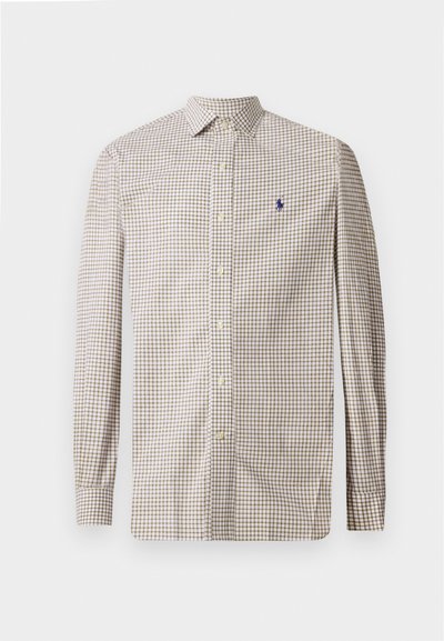 Camisa de botão de mangas longas com padrão de quadros em bege e castanho e pequeno logótipo bordado em azul marinho no lado esquerdo do peito.