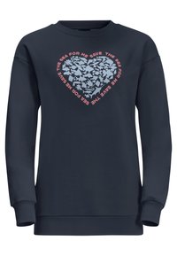 Marinblå sweatshirt med långa ärmar, prydd med ett hjärtformad mönster i ljusblå och rosa former, samt texten "RÄDDA HAVET FÖR MIG."