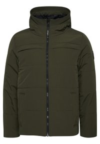 Olive green puffer jacket with a zip closure, high collar, and two side pockets. Features horizontal stitching and a matte finish.