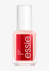 Bottiglia di smalto per unghie con base in vetro trasparente, forma arrotondata e tappo bianco. L'etichetta presenta uno sfondo rosso vivace con testo bianco.
