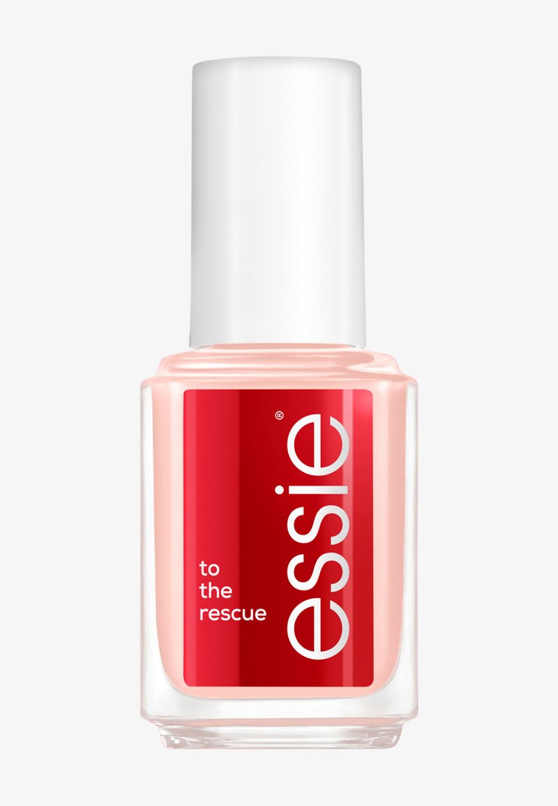 Bottiglia di smalto per unghie con base in vetro trasparente, forma arrotondata e tappo bianco. L'etichetta presenta uno sfondo rosso vivace con testo bianco.