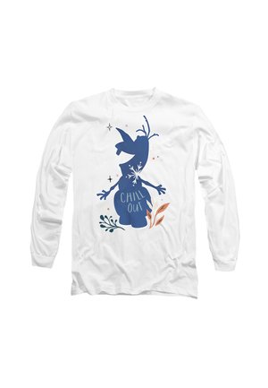 Long-sleeve white shirt featuring a blue graphic of a character with the text "CHILL OUT" and colorful leaf accents. Soft fabric, relaxed fit.