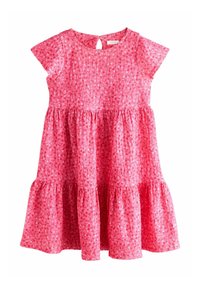 Roze bloemenjurk met korte vleugelachtige mouwen, gerimpeld lijfje en gelaagde geruite rok. Gemaakt van lichtgewicht stof met een gestructureerde afwerking.