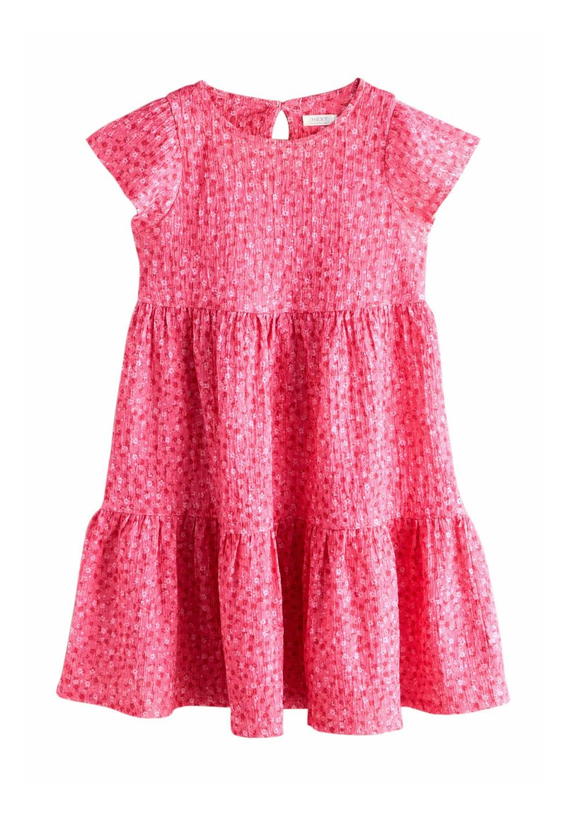 Roze bloemenjurk met korte vleugelachtige mouwen, gerimpeld lijfje en gelaagde geruite rok. Gemaakt van lichtgewicht stof met een gestructureerde afwerking.
