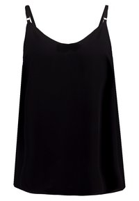 Débardeur noir en matériau lisse, avec des bretelles spaghetti réglables et une coupe décontractée avec un éclat subtil.