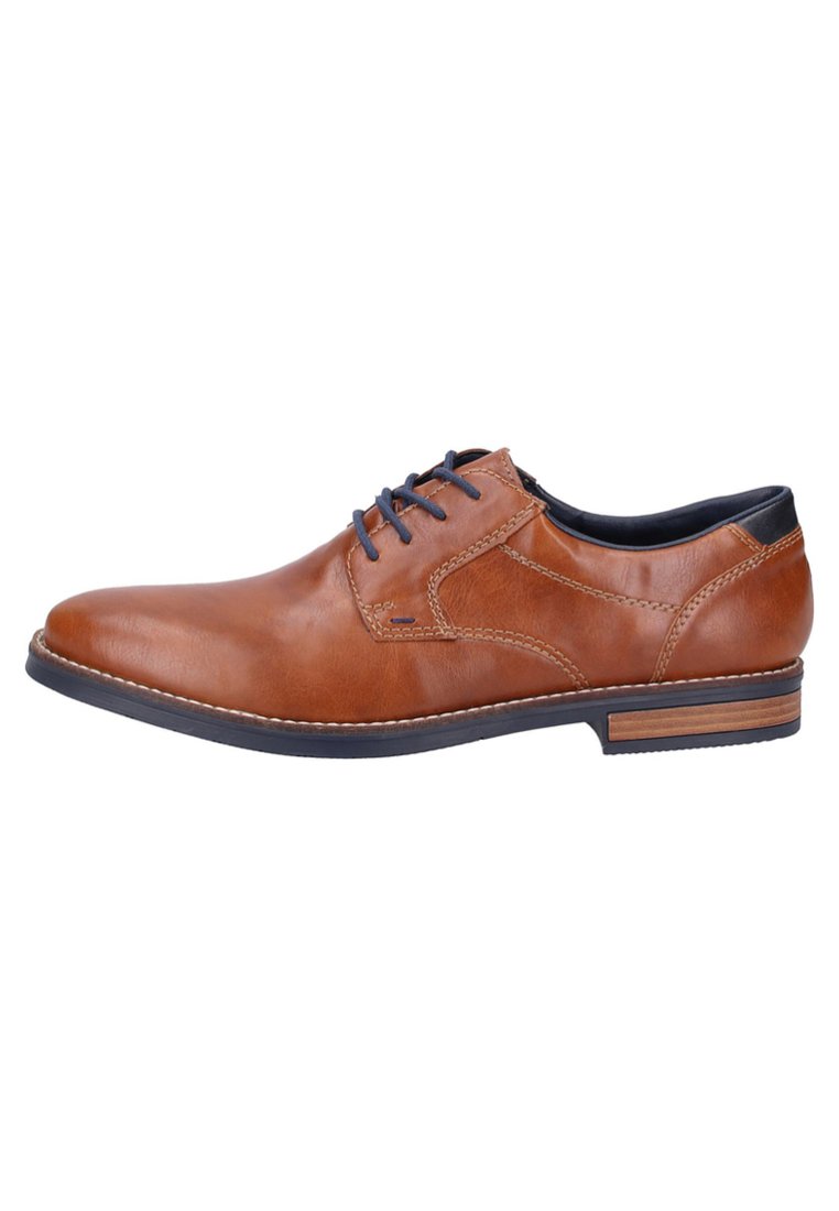 Scarpa in pelle marrone con punta tondeggiante, lacci blu e dettagli. Presenta un interno in pelle nera a contrasto e suola testurizzata.