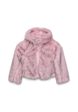 Giacca con cappuccio in pelliccia sintetica rosa, con zip frontale, maniche lunghe e texture morbida e vellutata.