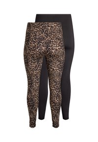 Lycra i dyreprint og ensfarvet sort. Dyreprintet har et brunt og sort leopardmønster, mens den sorte er glat og mat.