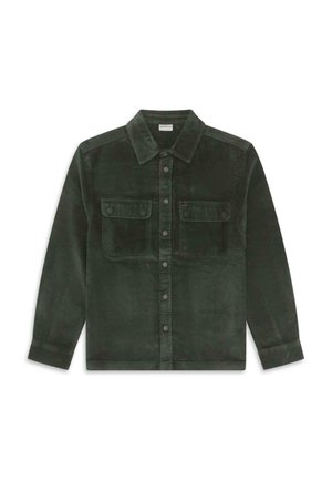 Temnozeleni kordurojski srajc s dolgimi rokavi, ovratnikom, dvema žepoma na prsih in zapenjanjem na gumb. Teksturirana tkanina z navpičnimi tridimi.